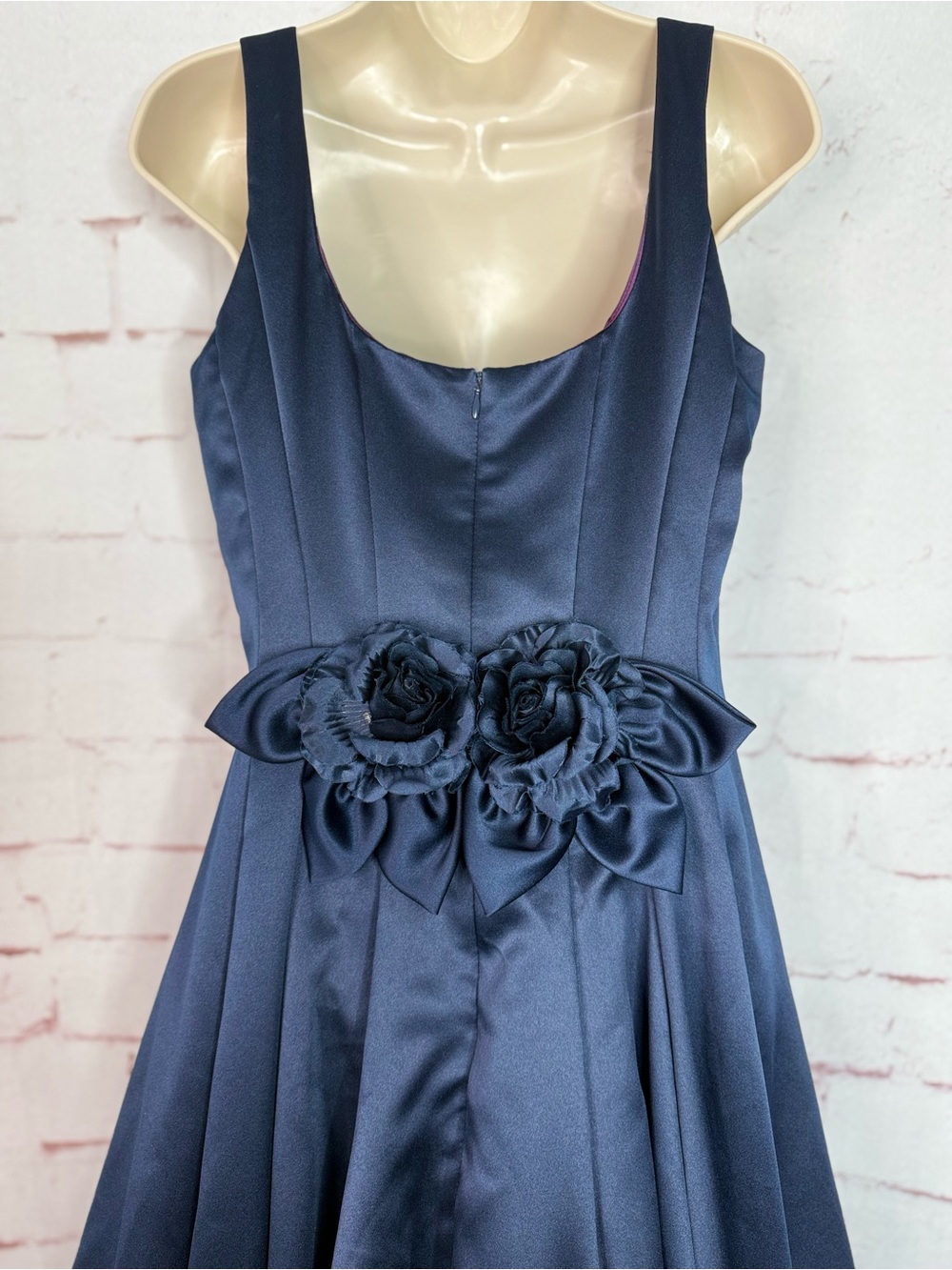 JESSICA McCLINTOCK Navy Satin Floor Length Prom Dress Size 10 Satin Rose Formal - Picture 15 of 16